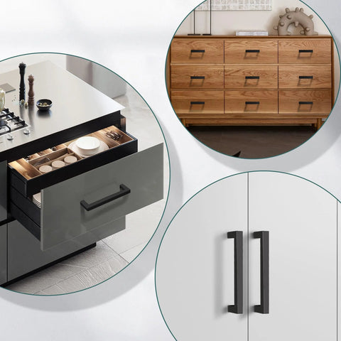25 Pack Black Cabinet Handles Square Drawer Pulls 4 Inch Overall Length 96mm Hole Center 3-3/4 Inch Solid Zinc Alloy Kitchen Cabinet Pulls For Cabinets, Dresser, And Furniture In Modern Homes shown on various furniture pieces.