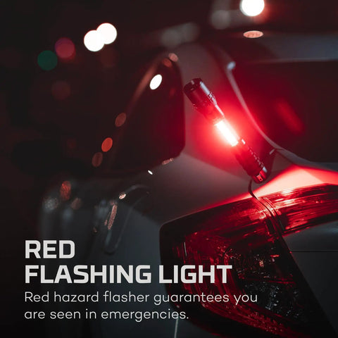SLYDE KING 2K Rechargeable LED Flashlight With 4X Zoom Spotlight Or Floodlight attached to car with red flashing light