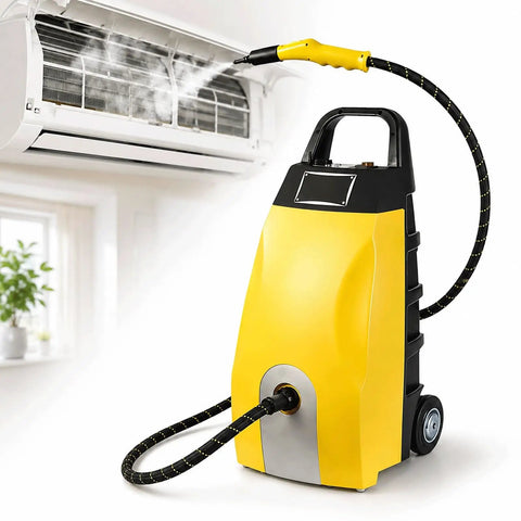 Industrial High Temp Steam Washer Boasting Hella Hot 230 Degree Vapor Output for cleaning air conditioning units.