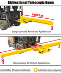 Heavy Duty Forklift Mobile Crane With 2 Ton Capacity Adjustable Jib Boom And Telescopic Arm For Horizontal And Vertical Lifting Easy Setup showing bidirectional telescopic boom in retracted and stretched positions.
