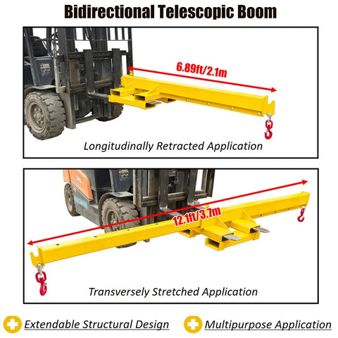 Heavy Duty Forklift Mobile Crane With 2 Ton Capacity Adjustable Jib Boom And Telescopic Arm For Horizontal And Vertical Lifting Easy Setup showing bidirectional telescopic boom in retracted and stretched positions.