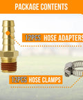 Image showing 12 Pack Brass Air Hose Fittings Three Eighth Barb To One Quarter NPT Male Adapters With Sealant And 12 Clamps