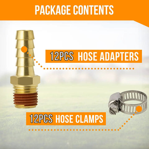 Image showing 12 Pack Brass Air Hose Fittings Three Eighth Barb To One Quarter NPT Male Adapters With Sealant And 12 Clamps