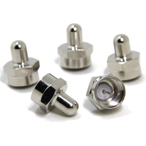 Five Pack Coax F Type Terminator Caps With 75 Ohm Resistors showing nickel-plated brass for reducing signal loss on F connector ports.