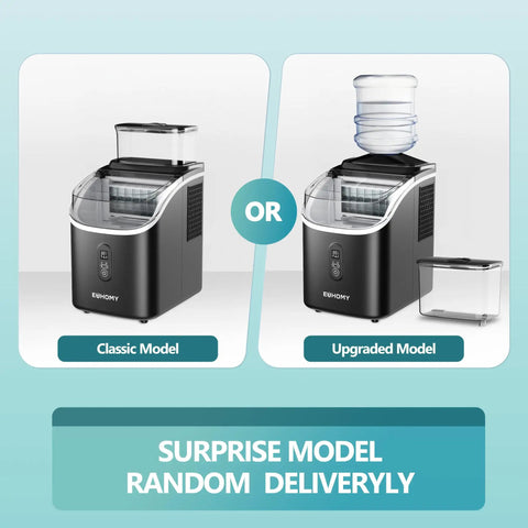 Classic and upgraded models of Countertop Ice Maker Machine With External Water Tank, Two Easy Water Filling Options, black color.