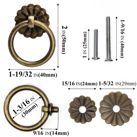 Antique Bronze Ring Pulls Set Of 6 With Flower Deco Knobs For Drawers Cabinets Closets And Cupboards Vintage Style Hardware detail view