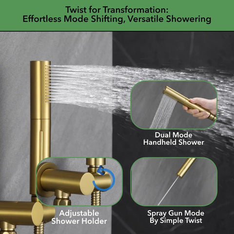 Super Sleek Thermostatic Shower System In Brushed Gold With Push Button Diverter For Smooth Temp Control No Drama Setup Straight Fire Look For A Total Bathroom Glow Up