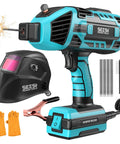 Portable 110V Welder Kit With Auto Darkening Helmet 120A Handheld Welder Includes 20 Welding Rods Gloves Ground Clamp Brush And All Essentials For Home DIY Repairs And Projects, showcasing welder, helmet, gloves, and accessories.