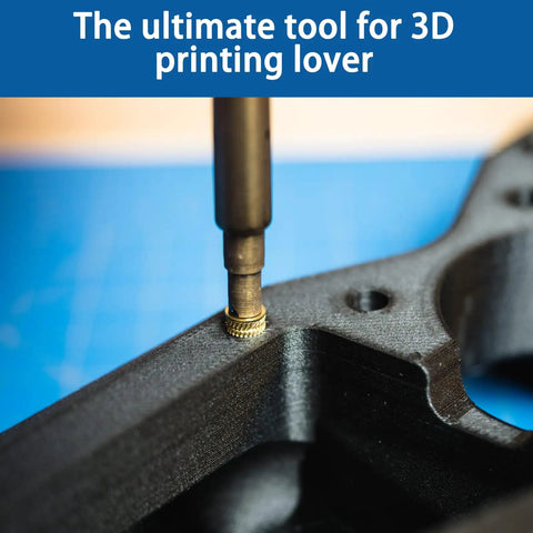 Brass Heat Set Inserts Kit For 3D Printing M2 To M6 With 7 Welding Tips in action embedding thread into plastic piece