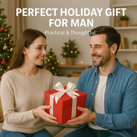 Smiling couple exchanging a holiday gift in front of a Christmas tree, with text reading 'Perfect Holiday Gift for Man'.