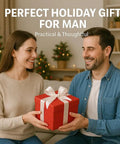 Man and woman exchanging a red gift box with white ribbon in front of a Christmas tree, labeled 'Perfect Holiday Gift for Man'.