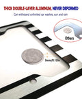 Close-up of American Flag Aluminum License Plate Frame showing 3mm thickness with anti-rattle pad, thin blue line, black and white stripes
