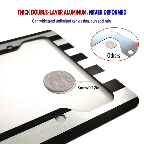 Close-up of American Flag Aluminum License Plate Frame showing 3mm thickness with anti-rattle pad, thin blue line, black and white stripes