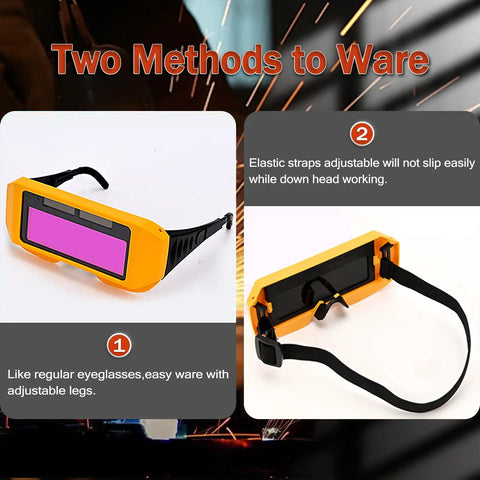 Auto Darkening Welding Goggles With Adjustable Shade And Two Sensors showing detachable legs and elastic strap options