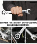 Person using Ratcheting Wrench Set 22-Piece With Roll Up Pouch, SAE And Metric Combination Wrenches, 1/4 To 3/4 Inch And 6-18mm