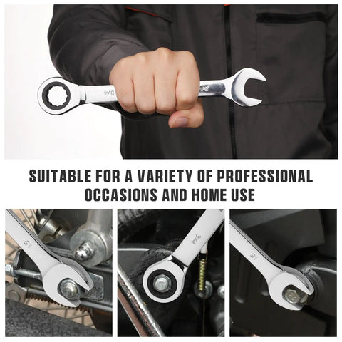 Person using Ratcheting Wrench Set 22-Piece With Roll Up Pouch, SAE And Metric Combination Wrenches, 1/4 To 3/4 Inch And 6-18mm