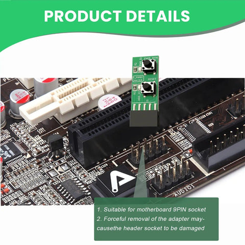 9 Pin Reset And Power Switch Board Adapter on desktop PC motherboard showing 9 and 10 pin header compatibility.
