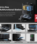 Front view of Roborock Qrevo All-in-One Station robot vacuum and mop in black with transparent dual water tanks.
