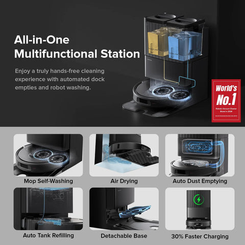Front view of Roborock Qrevo All-in-One Station robot vacuum and mop in black with transparent dual water tanks.