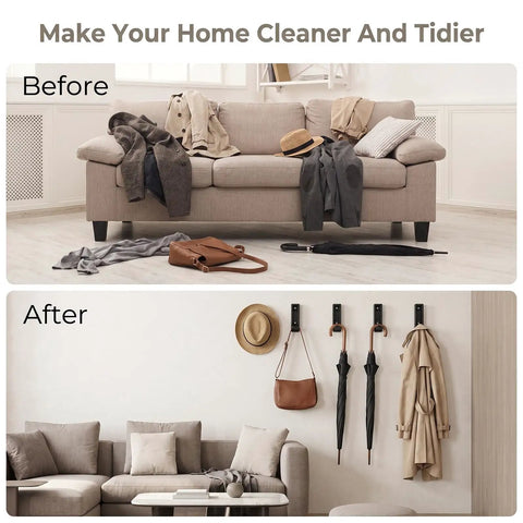 Before and after image showing the 8 Pack Foldable Wall Hooks Matte Black Zinc Alloy Space Saving Heavy Duty Folding Hangers in use.
