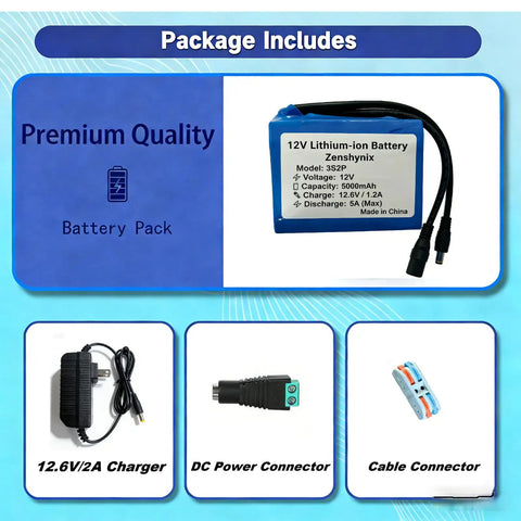 12V 5000mAh Rechargeable Lithium Ion Battery Pack With 2A Fast Charger, connectors, and packaging details shown