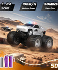 Silver All Terrain Remote Control Truck Beast with 360 Degree Spins and Lights racing in desert terrain, focus on pickup style.