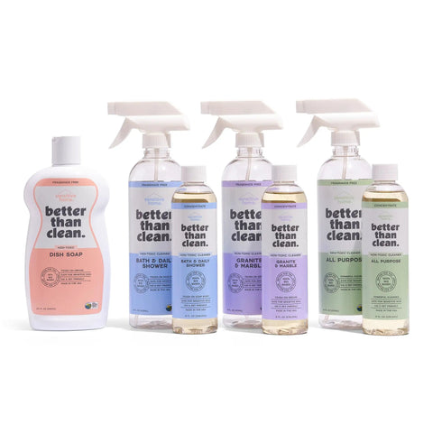 Plant Based Fragrance Free Family Cleaning Bundle With 4 8oz Concentrates Dish Soap All Purpose Cleaner Marble And Granite Cleaner Bath And Shower Safe For Family And Pets bottles displayed