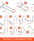 Diagram of 240-Piece Hook Set showing 17 types for Pegboard Organizer Kit with various sizes including straight, angled hooks.