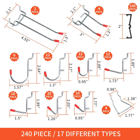 Diagram of 240-Piece Hook Set showing 17 types for Pegboard Organizer Kit with various sizes including straight, angled hooks.