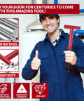 Person holding Long Handle Hinge Bender Wrench For 134 Gauge Commercial Doors with Rubber Grip next to product features.