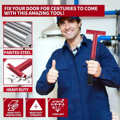 Person holding Long Handle Hinge Bender Wrench For 134 Gauge Commercial Doors with Rubber Grip next to product features.