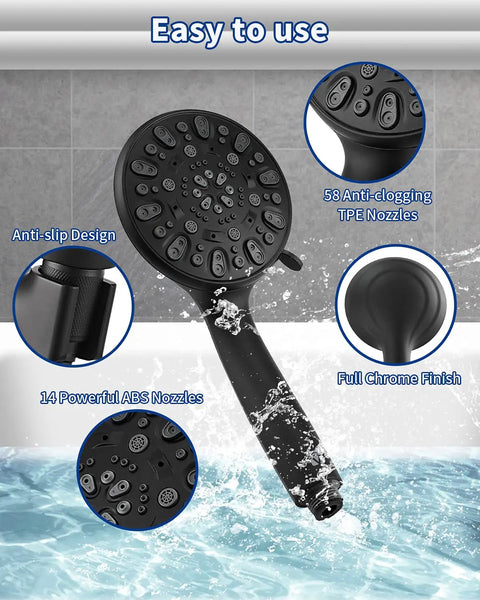 Handheld Shower Head With Beast Mode High Pressure and Seven Spray Settings, showing anti-clogging nozzles and chrome finish