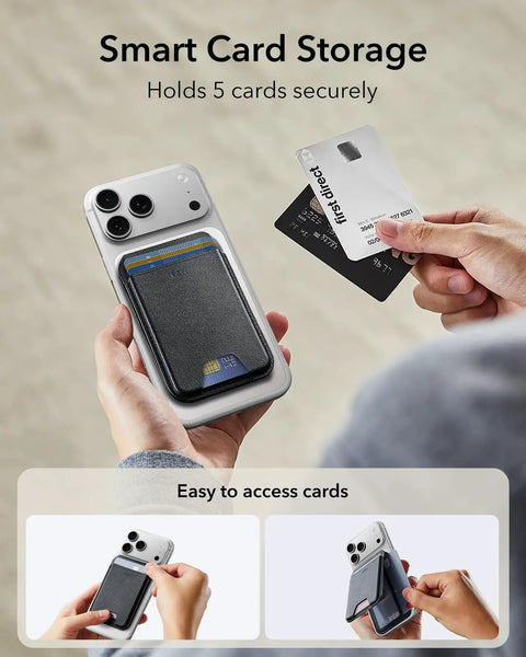 Person using MagSafe Wallet With Stand And RFID Blocking Ring Included Slim Five Card Magnetic Wallet For iPhone 17 Series.