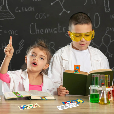 Kids using Color Your Own Science Bookmarks Set For Kids Kid Approved 72 Pcs DIY Chemistry Lab Astronaut Themed Coloring Bookmarks.