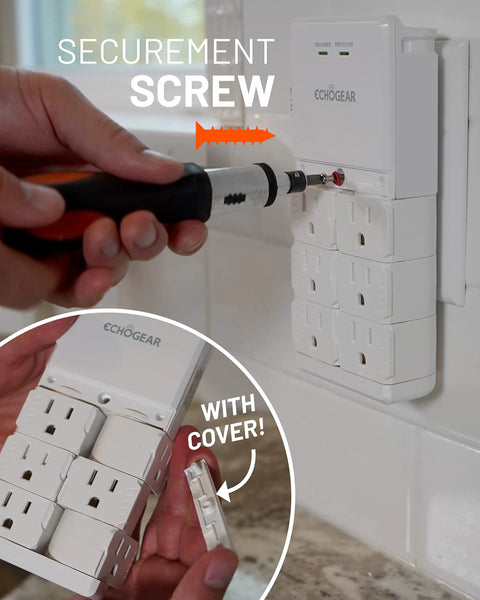 Installation of a wall outlet with surge protection and USB power ports, 6 rotating AC plugs plus 2 USB ports including 15W USB-C fast charge and USB-A, powers 8 devices, white.