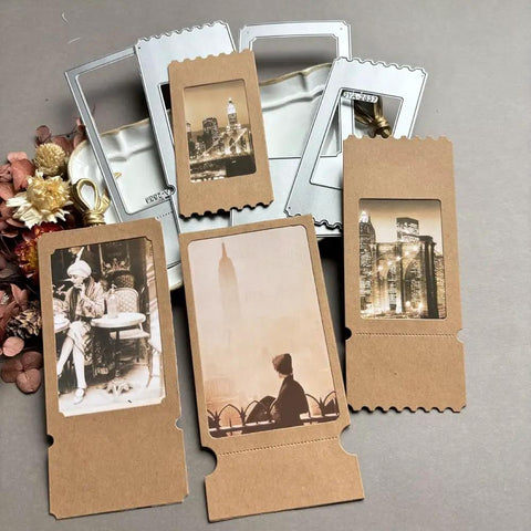Totally Versatile Vintage Film Frame Die Cutting Set for Card Making and Scrapbooking, showing die cuts in ticket stub styles