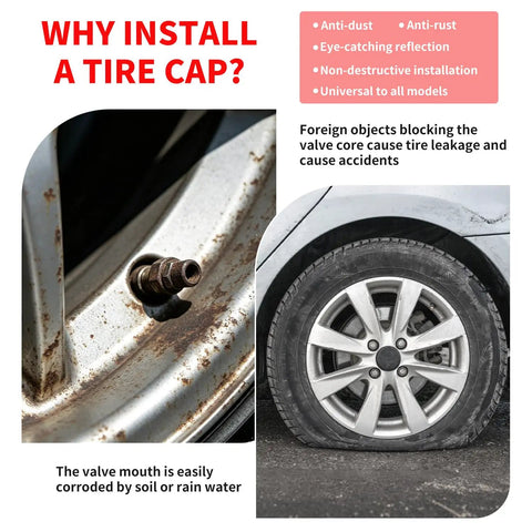 Close-up of vehicle wheel rim with missing valve stem cap and rust; promotes Glow In The Dark Prank Tire Valve Stem Caps 4 Pack