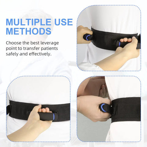 Gait Belt With Quick Release Buckle For Safe Elderly Transfers And No Fuss Mobility, ergonomic handles shown in use.