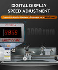 Digital display of CREWORKS 9 X 30 Mini Metal Lathe Machine With LCD Display showing variable speed adjustment to 3000 rpm.