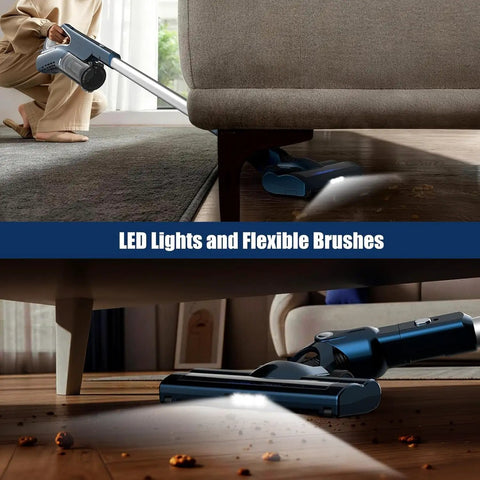 Lightweight Corded Stick Vac With Handheld Conversion For Quick Household Tidy Ups Powered By A Workhorse Motor That Nails Every Mess Swivels Flawlessly While You Scrub Away Floor Grime using LED lights under furniture.