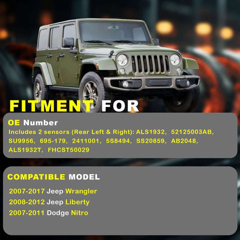 Jeep Wrangler with Rear ABS Wheel Speed Sensor Left And Right For Jeep Wrangler 2007 To 2017 And Liberty 2008 To 2012 And Dodge Nitro 2007 To 2011 2Pcs ALS1932 52125003AB ABS Sensor Replacement Easy Install compatibility details shown.