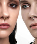 Models wearing Thick V Shaped 16G Septum Ring 8mm Gold 316L Surgical Steel Puffed Hinged Teardrop Clicker Hoop