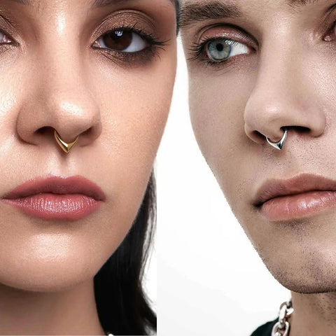 Models wearing Thick V Shaped 16G Septum Ring 8mm Gold 316L Surgical Steel Puffed Hinged Teardrop Clicker Hoop