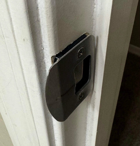 Door Strike Shim Set Of 3 For Door Latch Plate Alignment Interior And Exterior 2mm 3mm 4mm Spacers Black Standard Strike installed on door frame