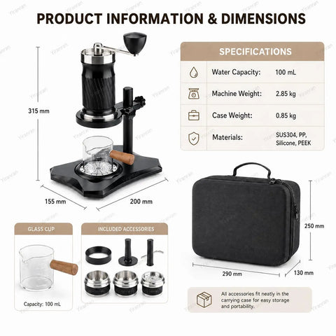 Portable Hand Crank Espresso Maker Kit With Secure Base Stand And Adjusting Pressure Settings Great For Campgrounds Roadtrips Or Garage Sessions Where You Just Want A Solid Cup Of Joe Anytime, dimensions and specifications.