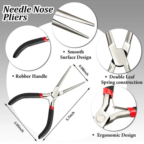 Needle nose pliers from 17 Piece Metal Puzzle Tool Set For DIY Model Kits featuring spring and rubber grip