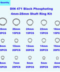 290 Piece C Clips External Retaining Ring Assortment Kit Heavy Duty Black Alloy Steel 15 Sizes 4mm To 18mm displayed by size and quantity