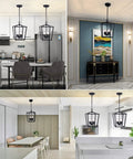 Square Metal Farmhouse Pendant Light Chandelier For Kitchen Island And Foyer, Geometric Lantern Ceiling Fixture