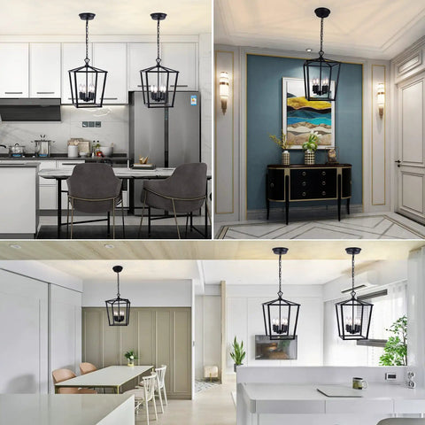 Square Metal Farmhouse Pendant Light Chandelier For Kitchen Island And Foyer, Geometric Lantern Ceiling Fixture
