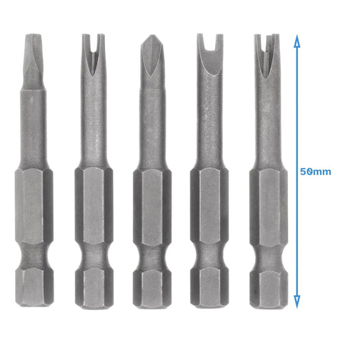 S2 Steel Screwdriver Bit Set Includes Five Long Reach Bits With Magnetic Tips And Quarter Inch Hex Drivers showing 50mm bits.
